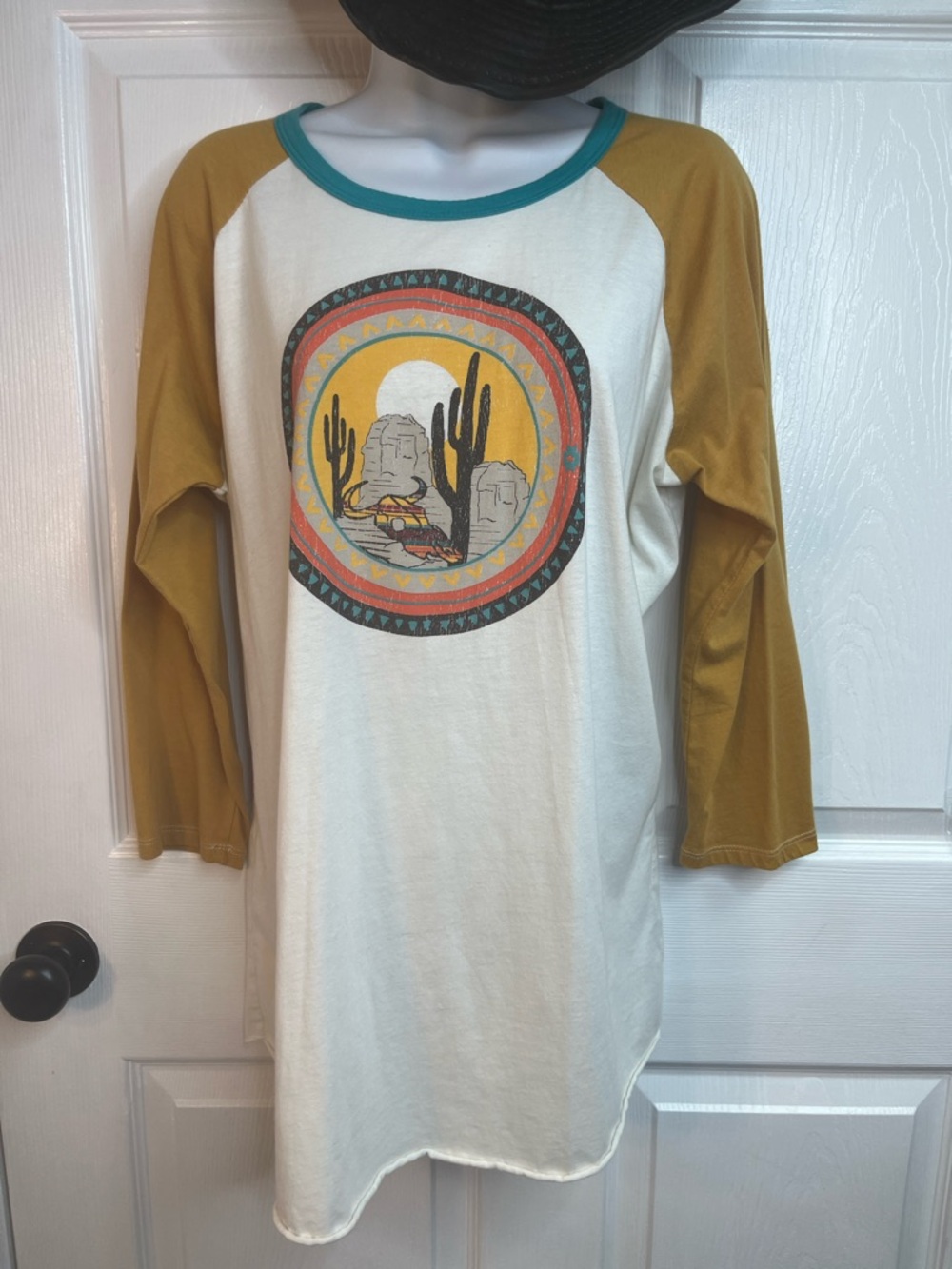 Desert Cactus Rock & Roll Cowgirl Southwest Baseball Tee Mustard Teal Size XXL